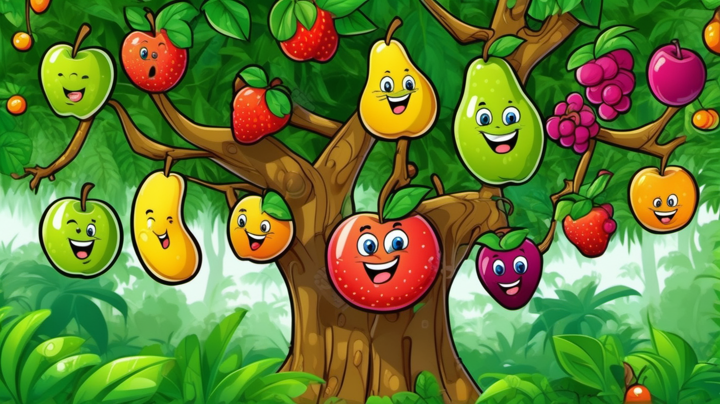 cartoon fruits on a tree in a green jungle