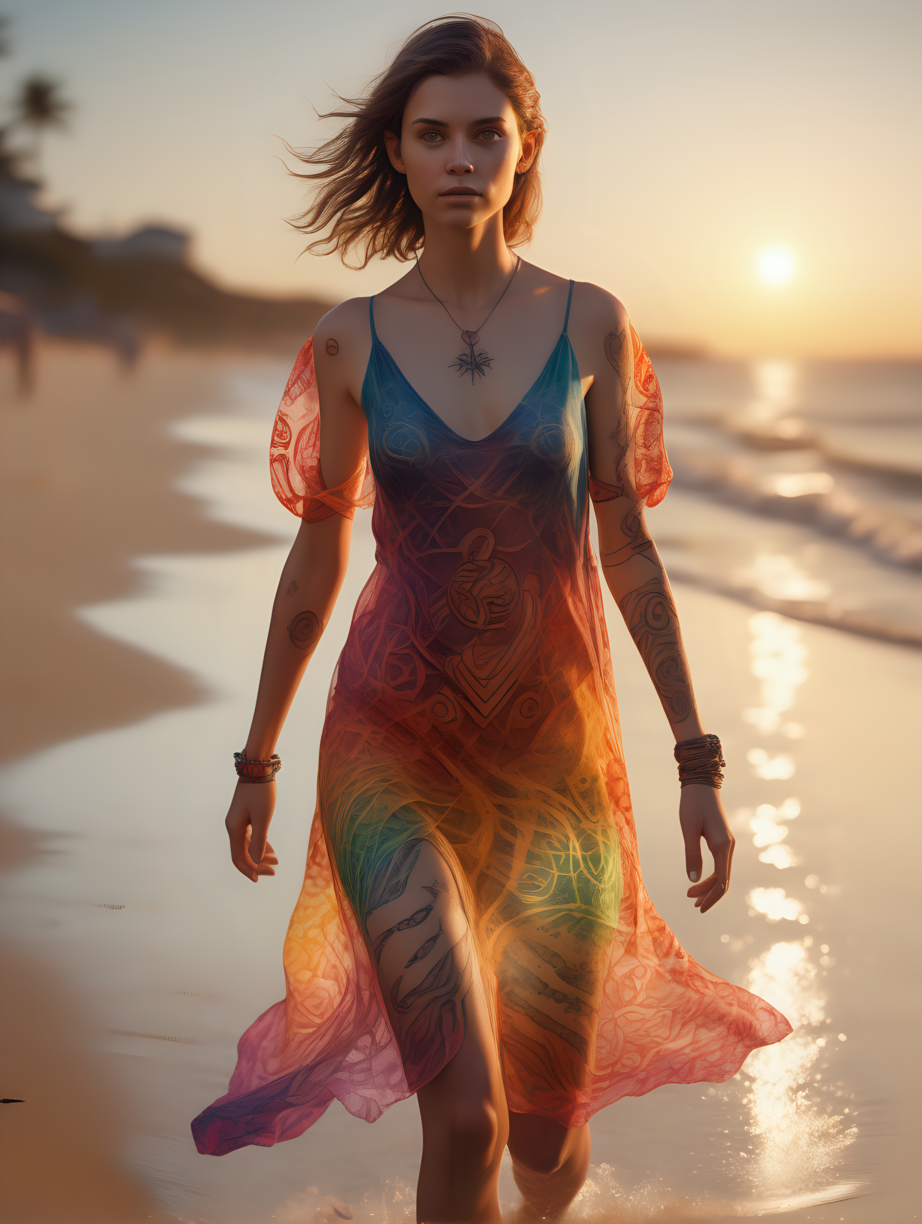 ultra-realistic high resolution and highly detailed photo of a female human, she has draconic symbols carved into her arms and body, wearing a colourful transparent summer dress, walking in the sunset on a beach facing the camera