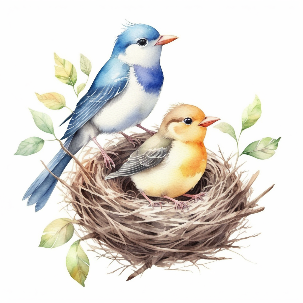 bílé pozadí_vytvoř realistickou ilustraci_která je určena pro děti Téma_ Ptáčci: Ptáčci zpívají a staví si hnízda_ akvarelové barvy

