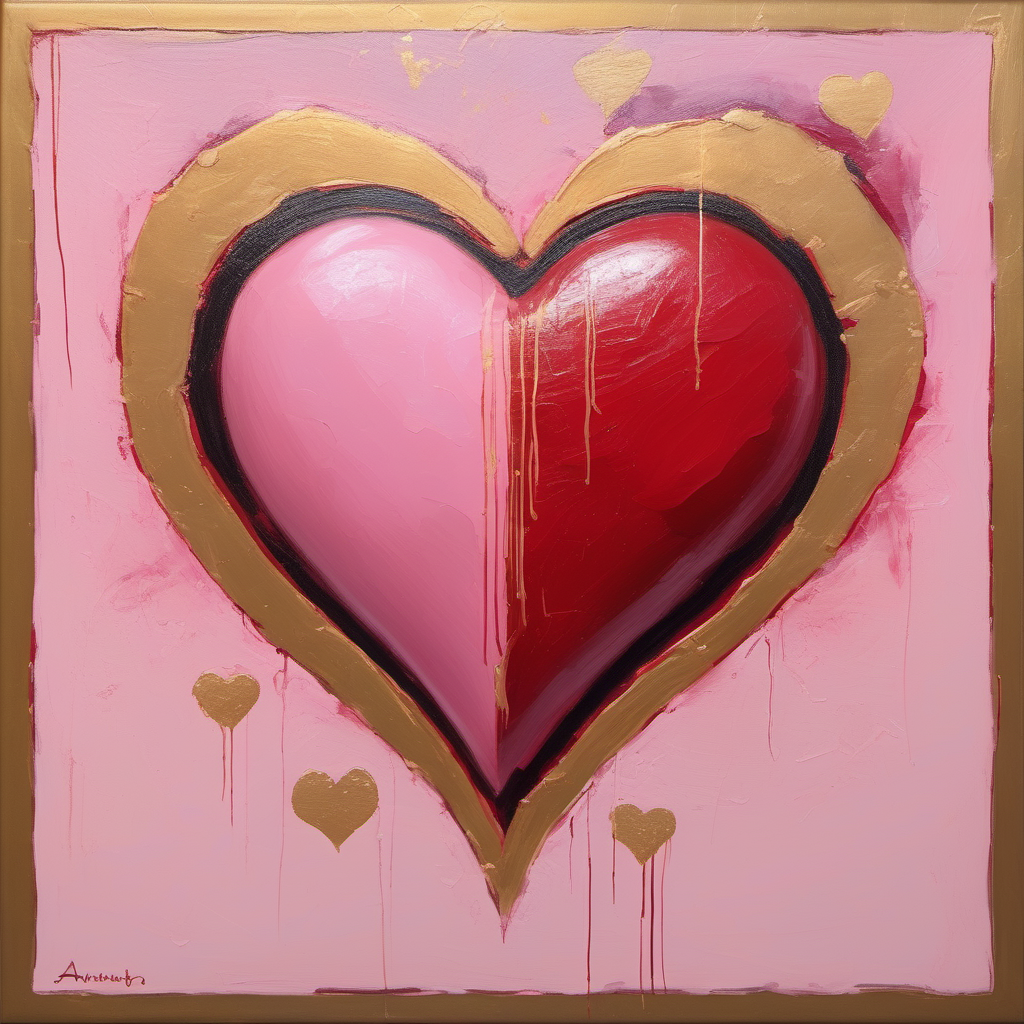 Create a heart central to the composition, made with any version, or combinations of pink and red. The color palette of the piece should include gold, possibly gold leaf, earth colors, and some cool colors to make the warm colors in the heart stand out. Create this painting in the style of Anthony Fatato.