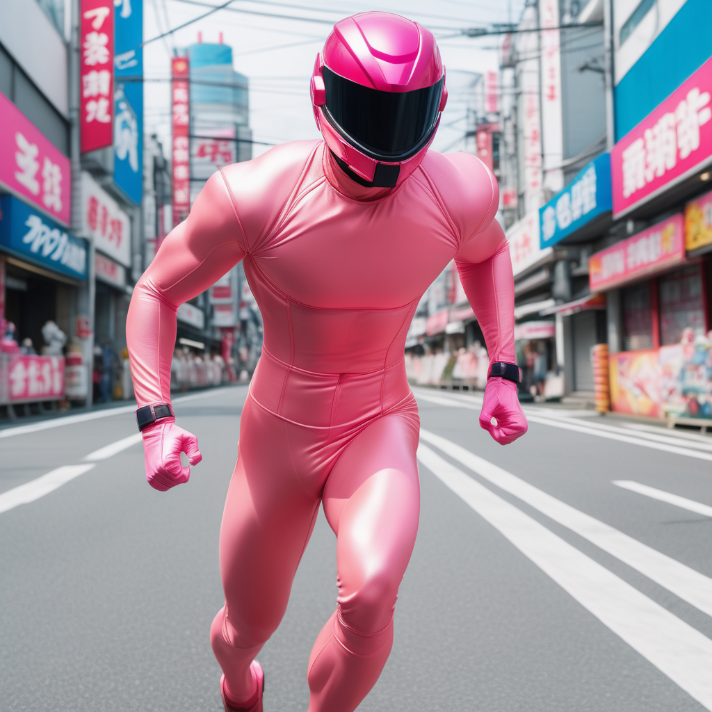 muscular man, full body peach pink skintight suit, closed sentai helmet with visor, high speed sprinting, shooting pink energy blast, street, Japan, day