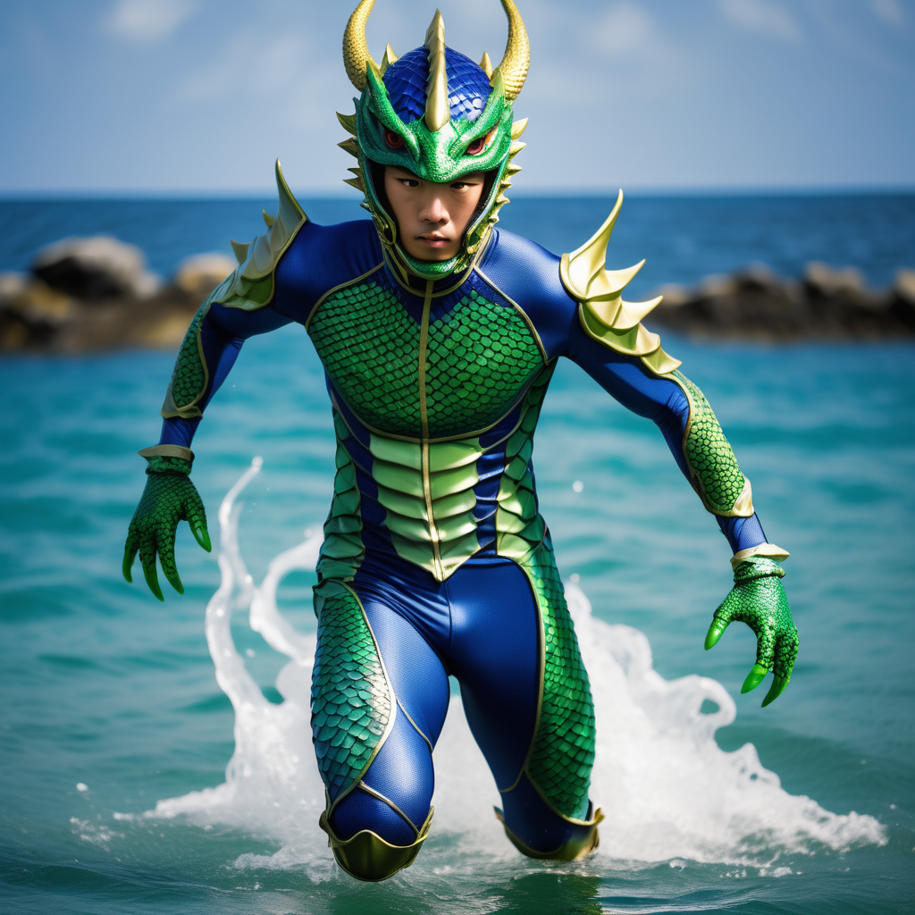 fit Japanese young adult, full body blue and green skintight suit with scales, blue and green costume, Japanese dragon helmet, dragon themed pauldrons, webbed feet, webbed hadns, serious, running on water, sea, Okinawa, day
