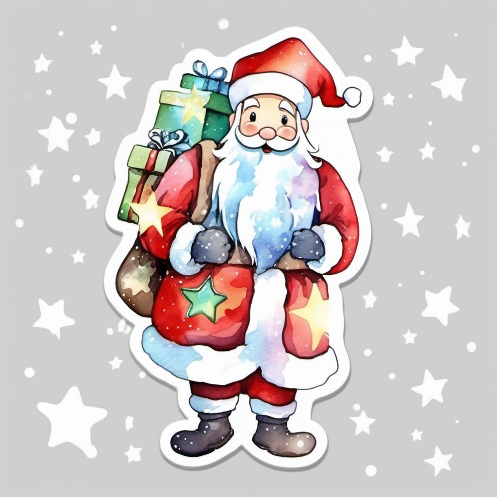  Sticker, Santa Claus with Sack of Gifts and Twinkling 
Stars, watercolor clipart, vector image, flat white 
background