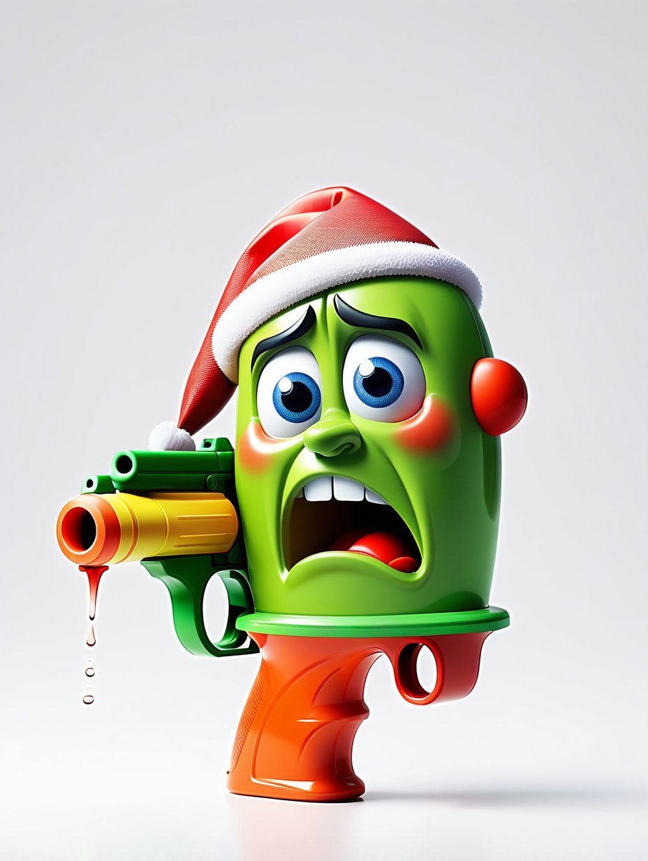 christmas watergun toy with a sad face crying; pixar style animation; white blank background
