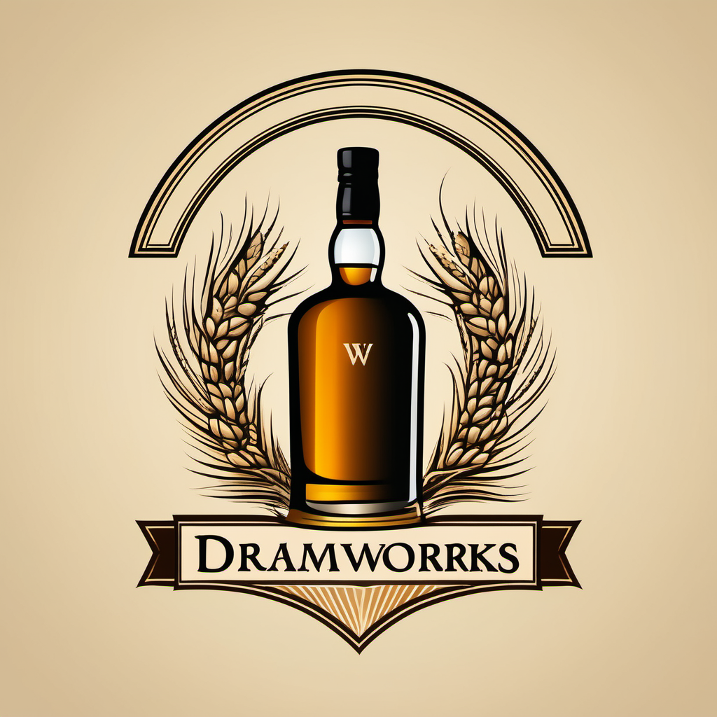 premium whisky logo for a company called "Dramworks" that incorporates barley and whisky casks
 