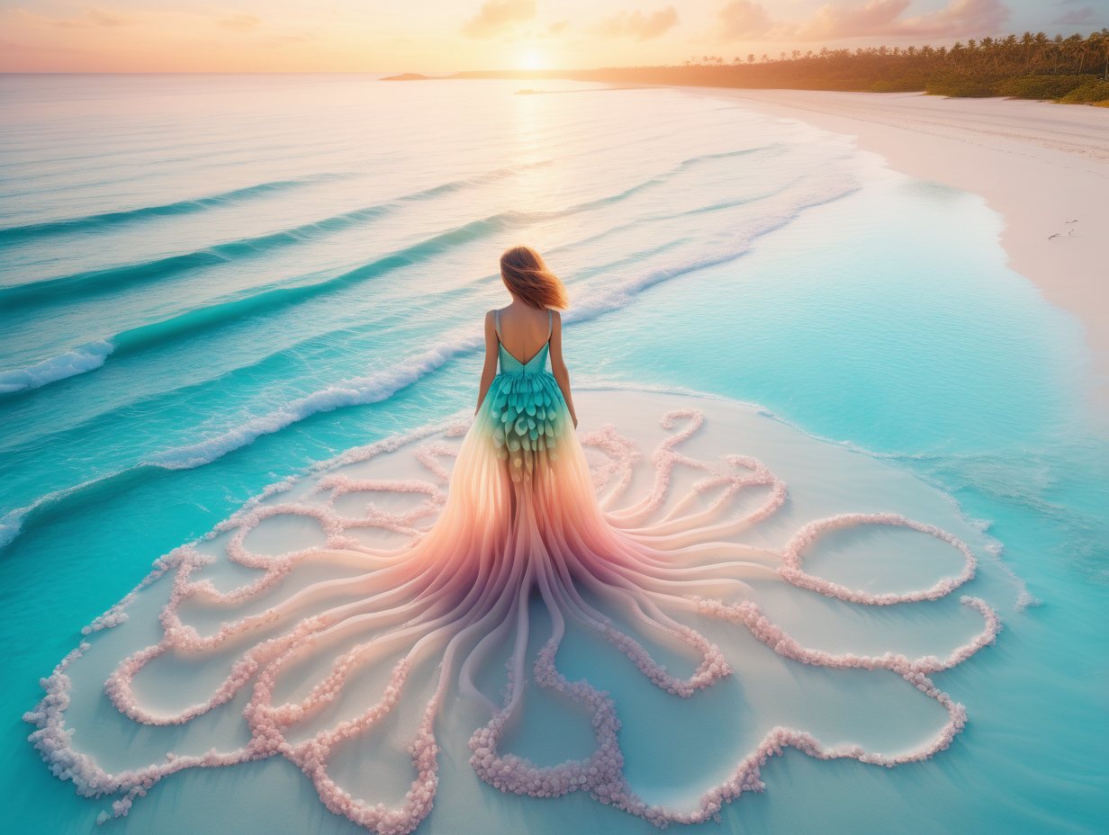 ultra realistic high texture image of a bird’s eye view fashion photoshoot of a cute young woman, wearing a haute couture jellyfish dress, on a tropical white sandy beach, turquoise ocean in the background, pastel sunset