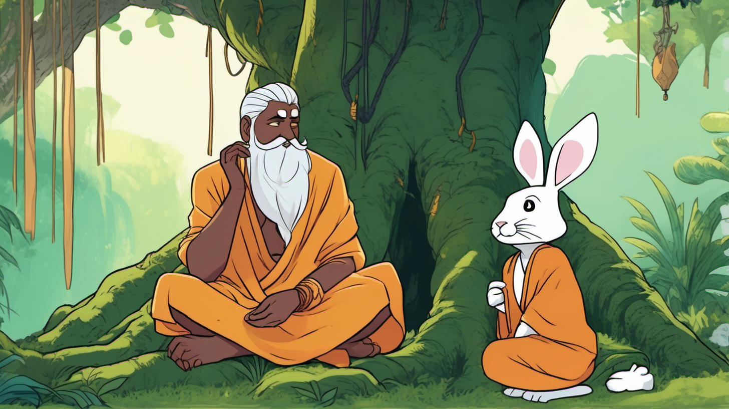 cartoon human rishi sitting under a banyan tree in a conversational pose in his saffron robe and white beard talking to a sad bunny rabbit in a green jungle 