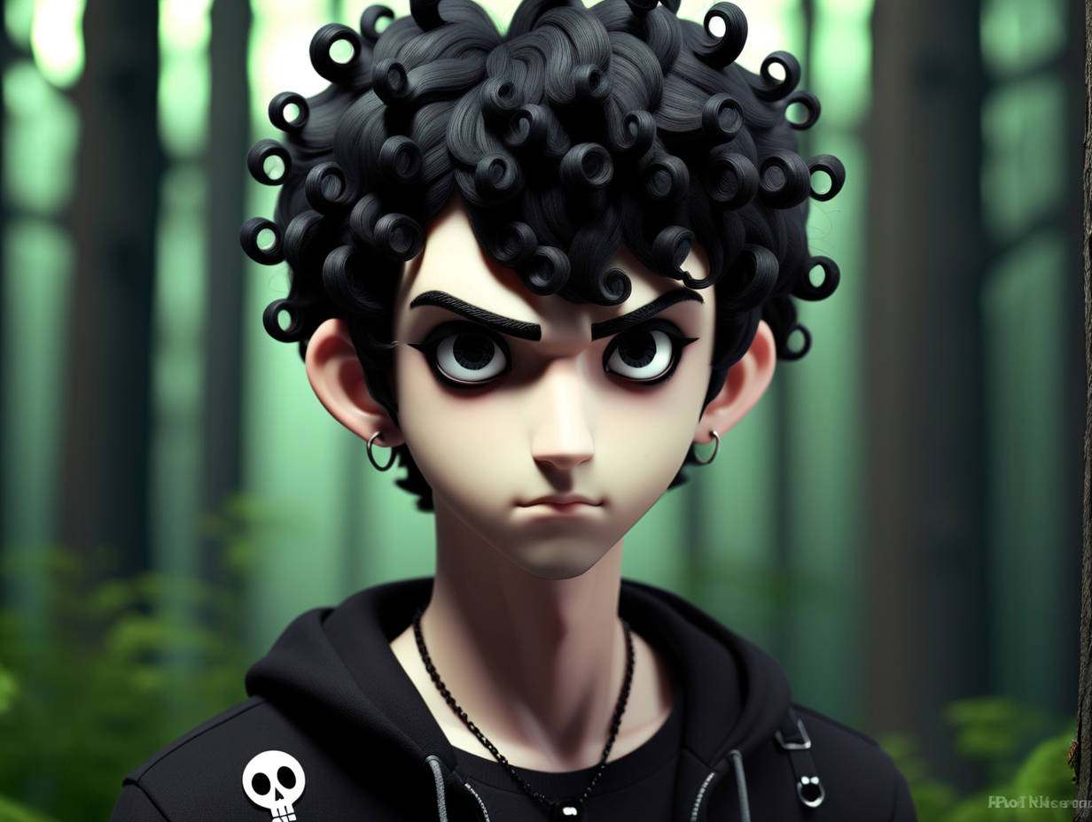 3d, anime, male, short black curly hair, black gauge earrings, thick black eyebrows, black eyes, emo, forest low light