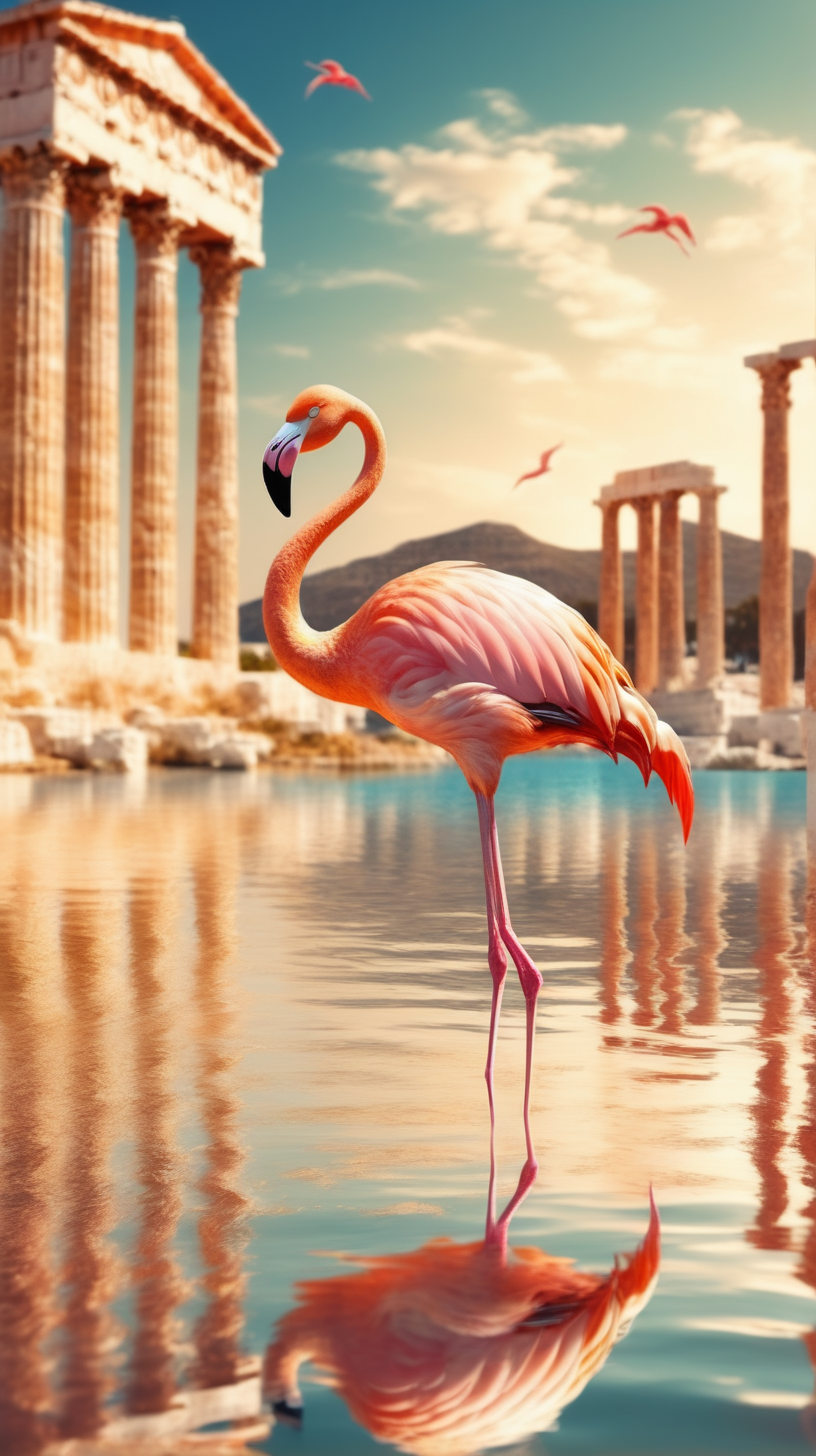 Magical gold flamingo in the water. Fantasy beach. Greek temples on the background. 

