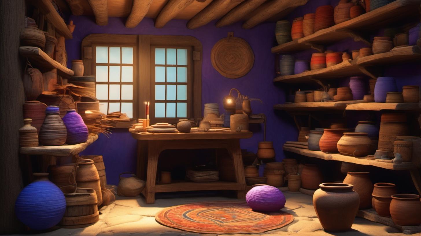 The image illustrates a cozy, rustic interior, likely a shop or a craftsman's workspace, infused with a warm, inviting glow. The scene is rich in wooden structures and furniture, with a predominant use of warm, earthy tones.

On the left, a wall-mounted lantern casts a soft light, highlighting the shelves stacked with clay pots, rolled textiles, and colorful cushions. A full-length mirror leans against the wall, reflecting part of the room's interior.

The center of the image is dominated by a sturdy wooden table adorned with a vibrant purple cloth. The table holds various objects: a lit candle with melted wax, scattered coins, an open book, an inkpot with a feather quill, and a small, green ball of yarn. The presence of the book and quill suggests that this area may be used for study or record-keeping.

Near the window, a wooden shield with a blue and red emblem hangs on the wall, adding a touch of heraldry to the setting. Outside the window, we see hints of a tranquil blue sky, suggesting that the scene is set during daytime.

On the right, more shelves display an assortment of wares, including baskets, barrels, and jars, creating a sense of abundance and meticulous organization.

The floor is made of stone tiles, softening the scene with a large, circular rug featuring intricate patterns, primarily in shades of blue and purple, which complements the tablecloth.

In the foreground, there's a wooden chair knocked over, adjacent to a clay pot and various crafting materials scattered casually on the ground, giving the impression of a space that's in active use, where work has recently been paused.