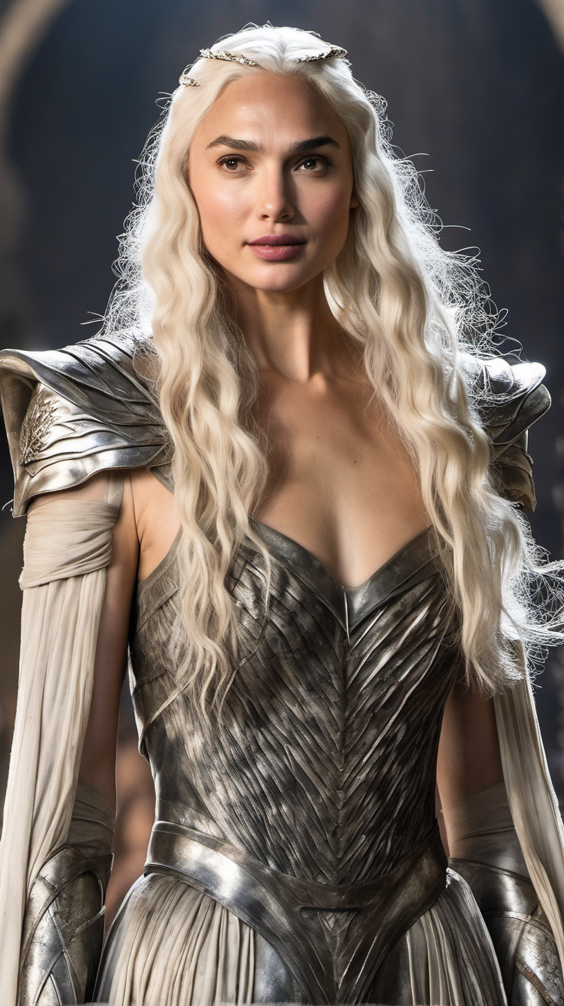 Gal Gadot, with long platinum blonde hair, wearing a gown in Game of Thrones