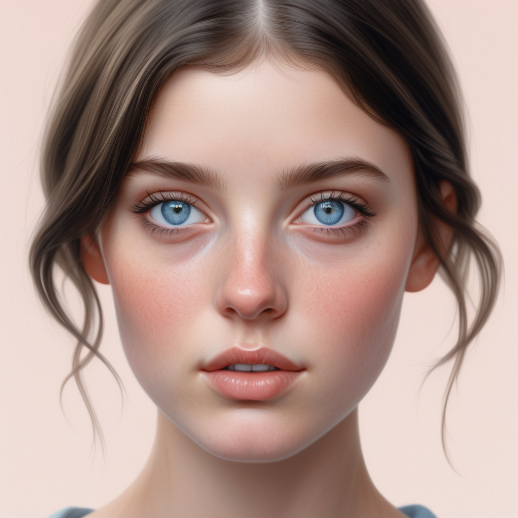 hyperrealistic modern Parisian brunette greyblue eyes oblong face