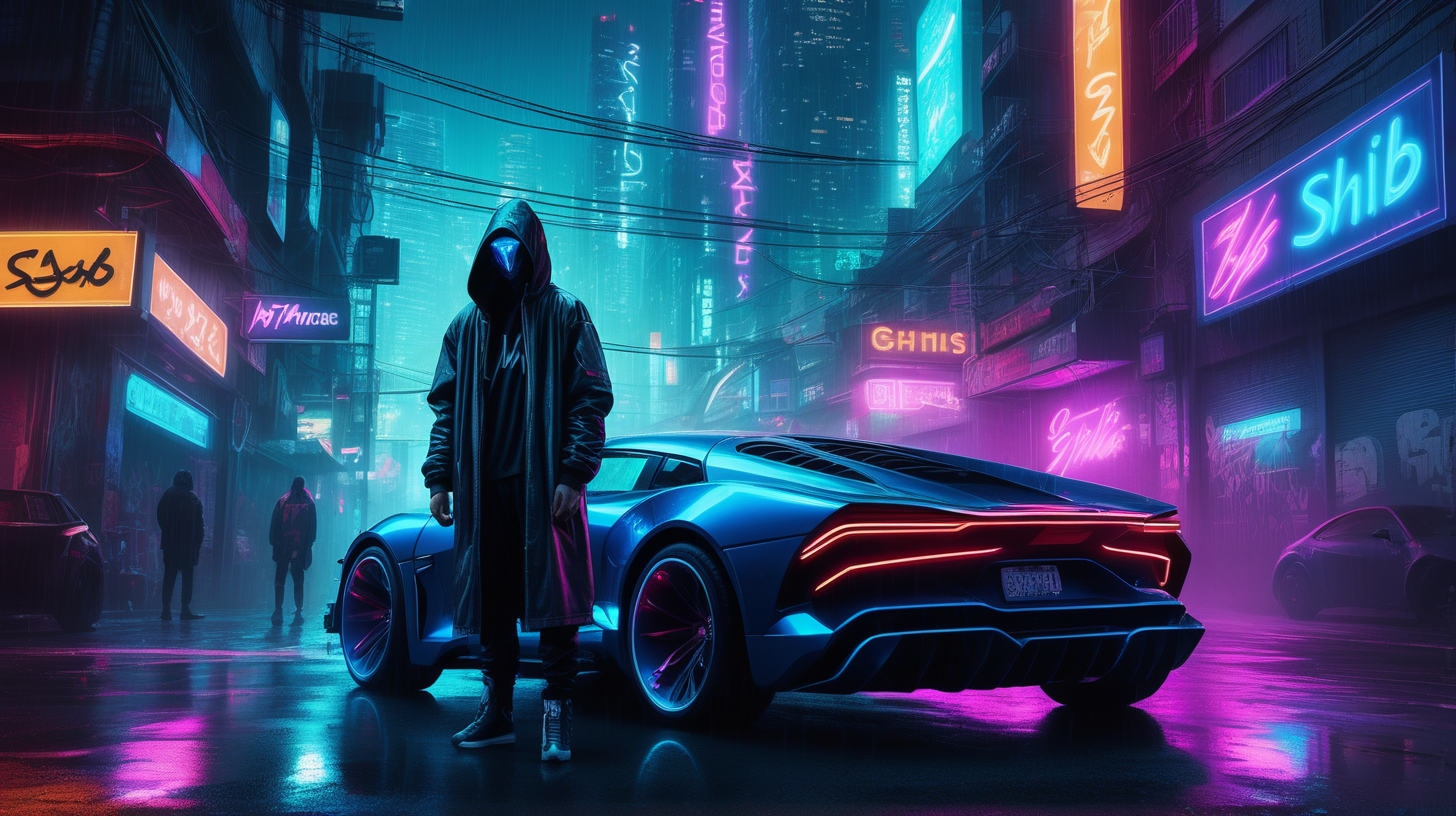"A hyper-realistic photograph depicts a cyberpunk rendition of a future metropolis at night. The scene centers on a hooded figure, exuding an aura of mystery, standing by a futuristic sports car that gleams with metallic hues under the ambient neon lights. Above in the dense urban jungle, neon signs cut through the misty air, with the word 'SHIB' prominently displayed, signifying the cryptocurrency's integration into the fabric of society. The rain-slicked streets reflect the myriad of neon, including the bright 'SHIB' logos that illuminate the surroundings with a cool electric blue, adding depth and brilliance to this nocturnal urban landscape."

