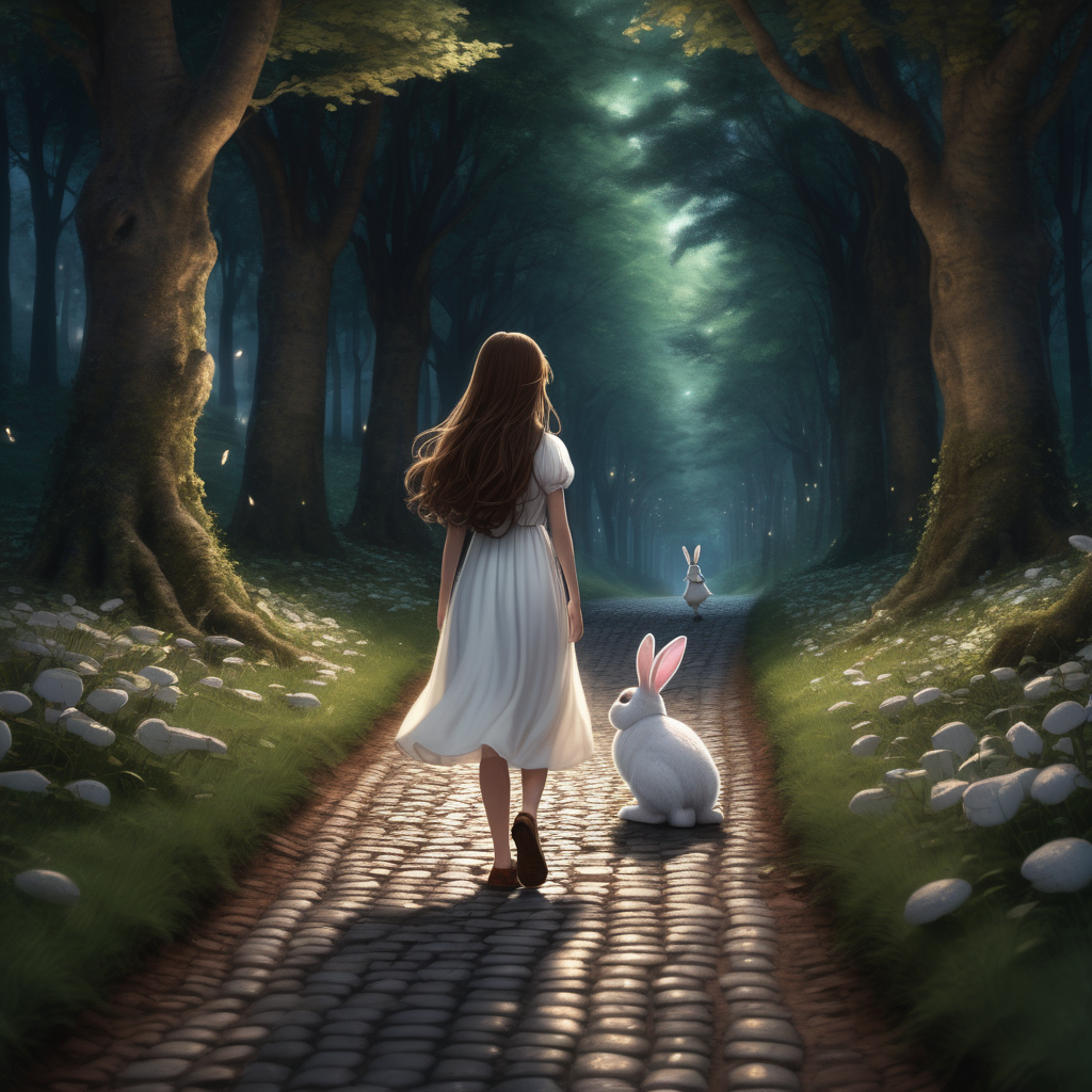 A teenage girl with long brown hair walks on a magical cobblestone road. It's getting dark. There is a forest in front of her. A bunny is next to her feet. She's wearing a white flowy dress.  Could you not show her back? 