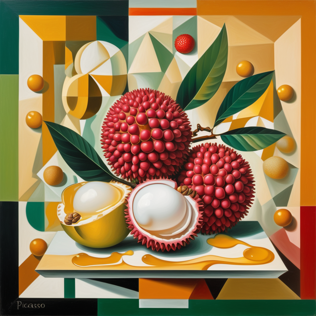 award-winning art by Pablo Picasso, hyper-detailed; lychee, honey, lychee mixing with honey, background filled with lychee and  and honey, green; abstract geometric background; high octane; photorealistic
