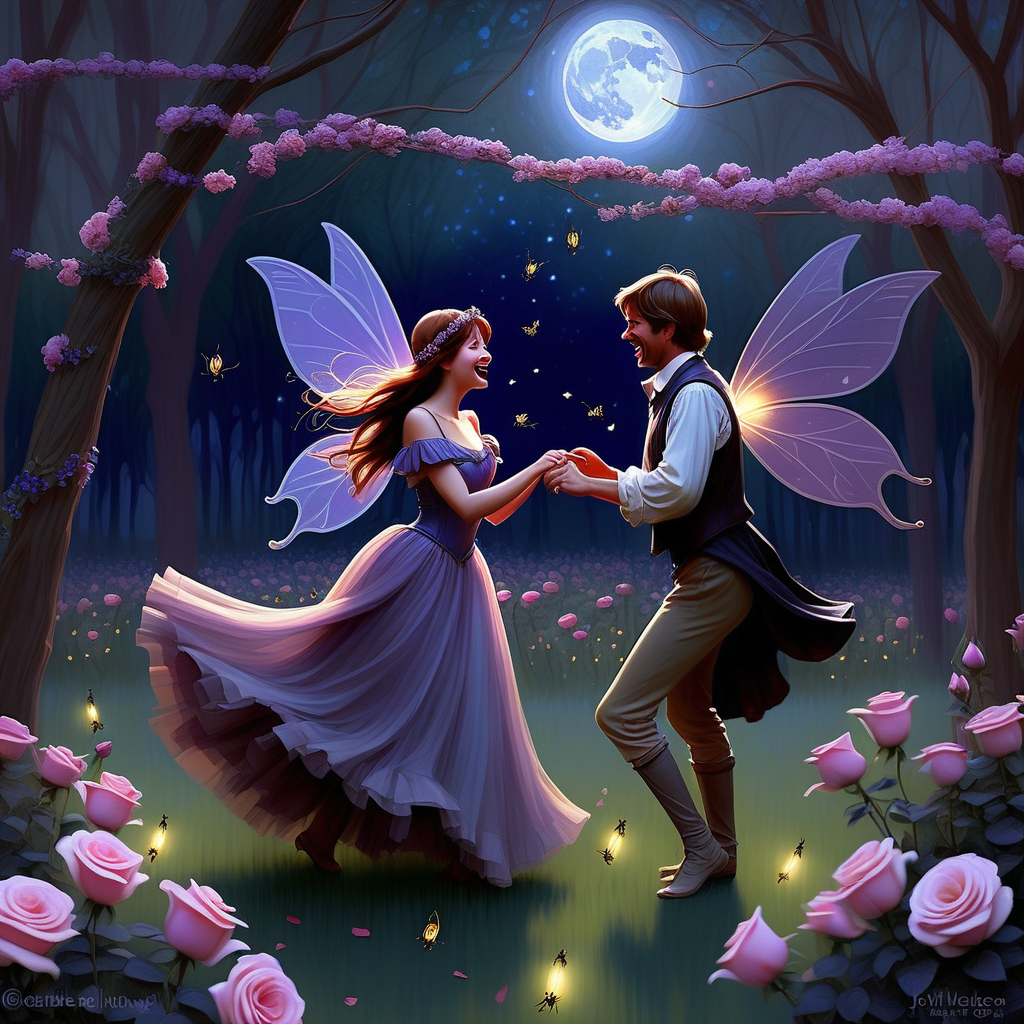 /envision prompt: "Enchanting Fairy Valentines' Dance" portrayed as an oil painting in the style of John William Waterhouse. Fairies, elegantly dressed, dance in a moonlit glade surrounded by blooming roses and twinkling fireflies. The color temperature leans towards romantic purples and deep blues, enhancing the fairy-tale ambiance. Expressions on the fairies range from joyous laughter to affectionate glances, capturing the essence of a magical night. --v 5 --stylize 1000 [1]