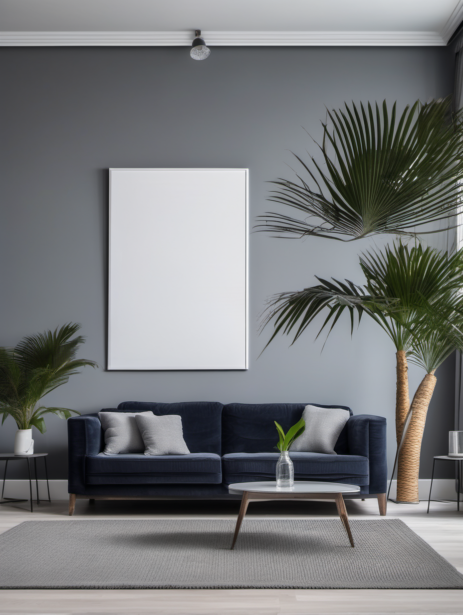 Commercial Photography, modern minimalist living room interior with navy sofa and palm tree, living room interior background, living room in grey tones,