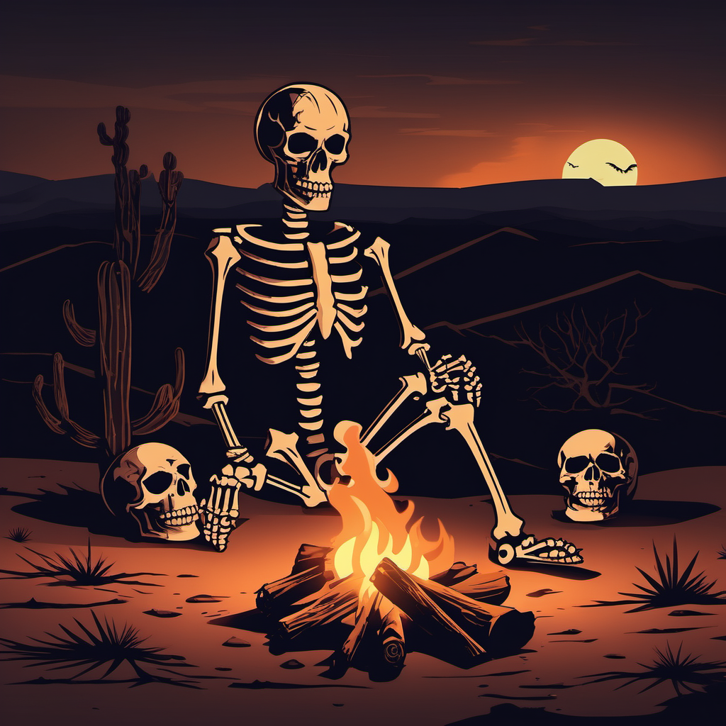 Desert; dark; scary; skeleton; campfire
