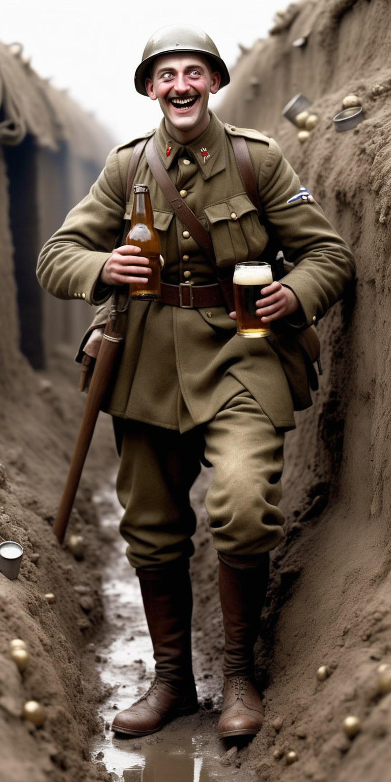 realistic tall drunken WW1 soldier happily drinking bottled beer in a trench 