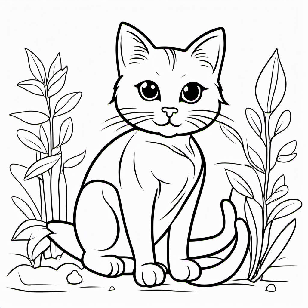 draw a cute cat with only the outline in black for a coloring book for kids