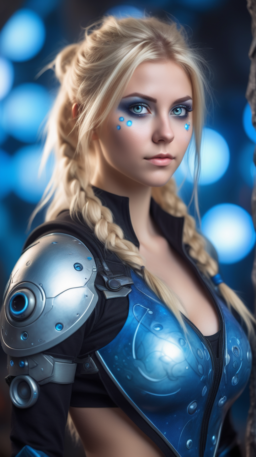 Beautiful Nordic woman, very attractive face, detailed eyes, big breasts, dark eye shadow, messy blonde hair, wearing a  Avatar cosplay outfit, bokeh background, soft light on face, rim lighting, facing away from camera, looking back over her shoulder, standing on planet pandora, photorealistic, very high detail, extra wide photo, full body photo, aerial photo