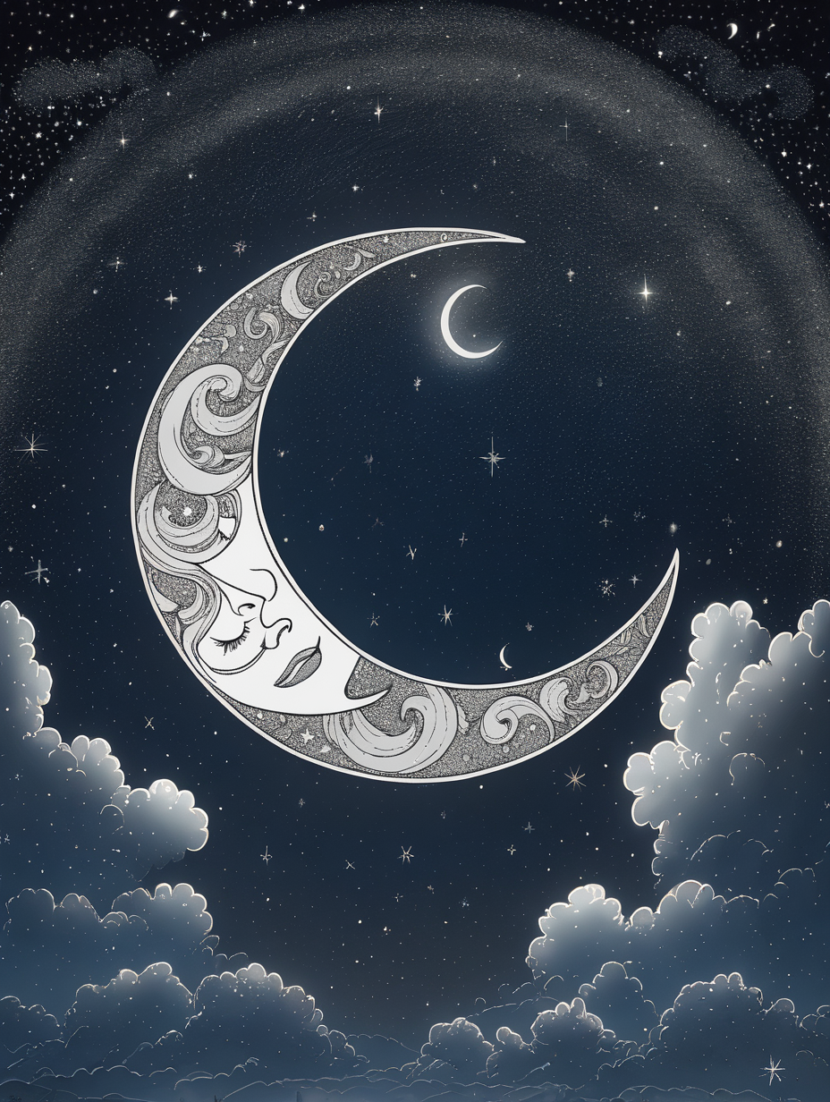 a circle of clouds around a crescent moon hanging in a sky full of stars in the style of line-drawing
