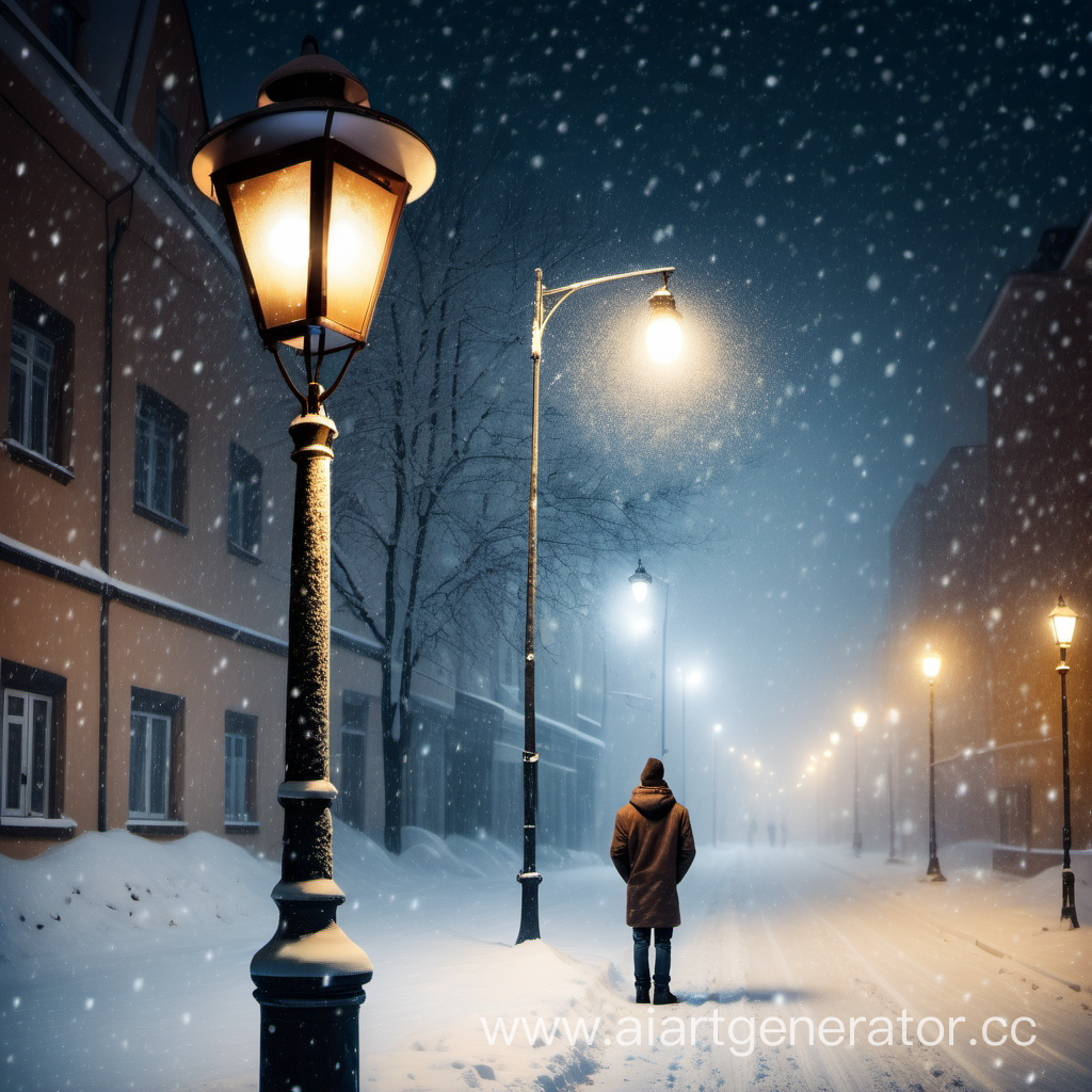 Ночная, снежная улица. панельные хрущёвки. Тёплый фонарь на фонарном столбе. Молодой парень с улицы смотрит в небо, думая о жизни. Идёт красивый снег.