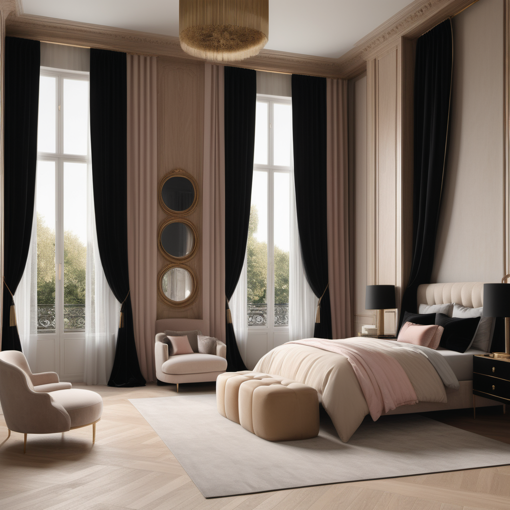 A hyperrealistic image of a grand, Modern Parisian, feminine, elegant, young girls bedroom with curtains,  in a beige oak brass and black colour palette with floor to ceiling windows 