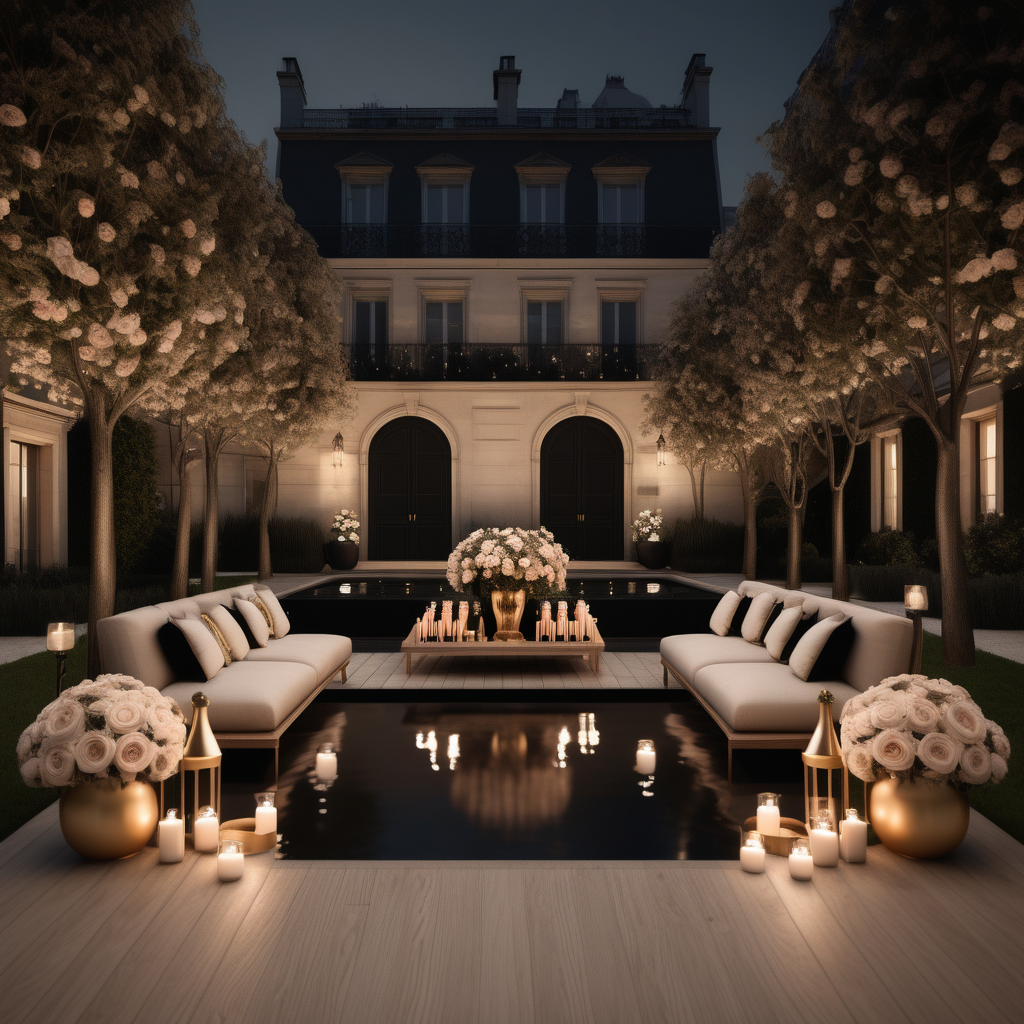 a hyperrealistic of a grand Modern Parisian backyard set up for an elegant pool party in a beige oak brass and black colour palette with  flowers and candles and mood lighting
