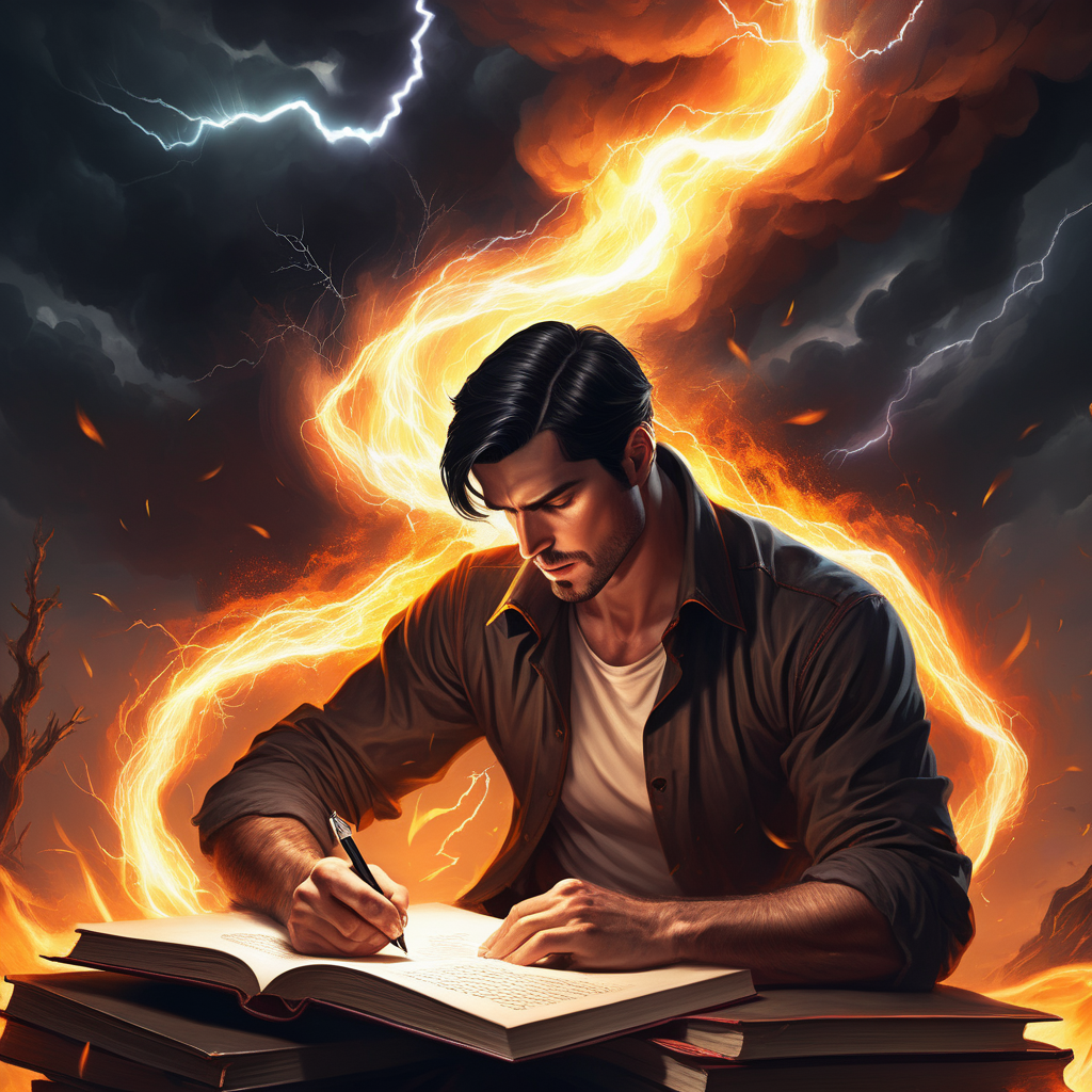 A dark haired man writing a book surrounded by fire and lightning