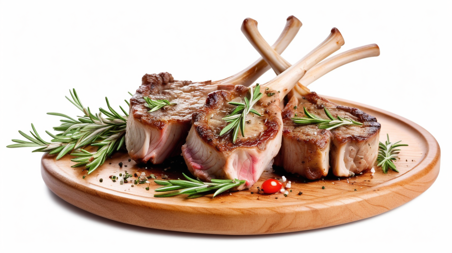 lamb chop with rosemary on wooden plate isolated