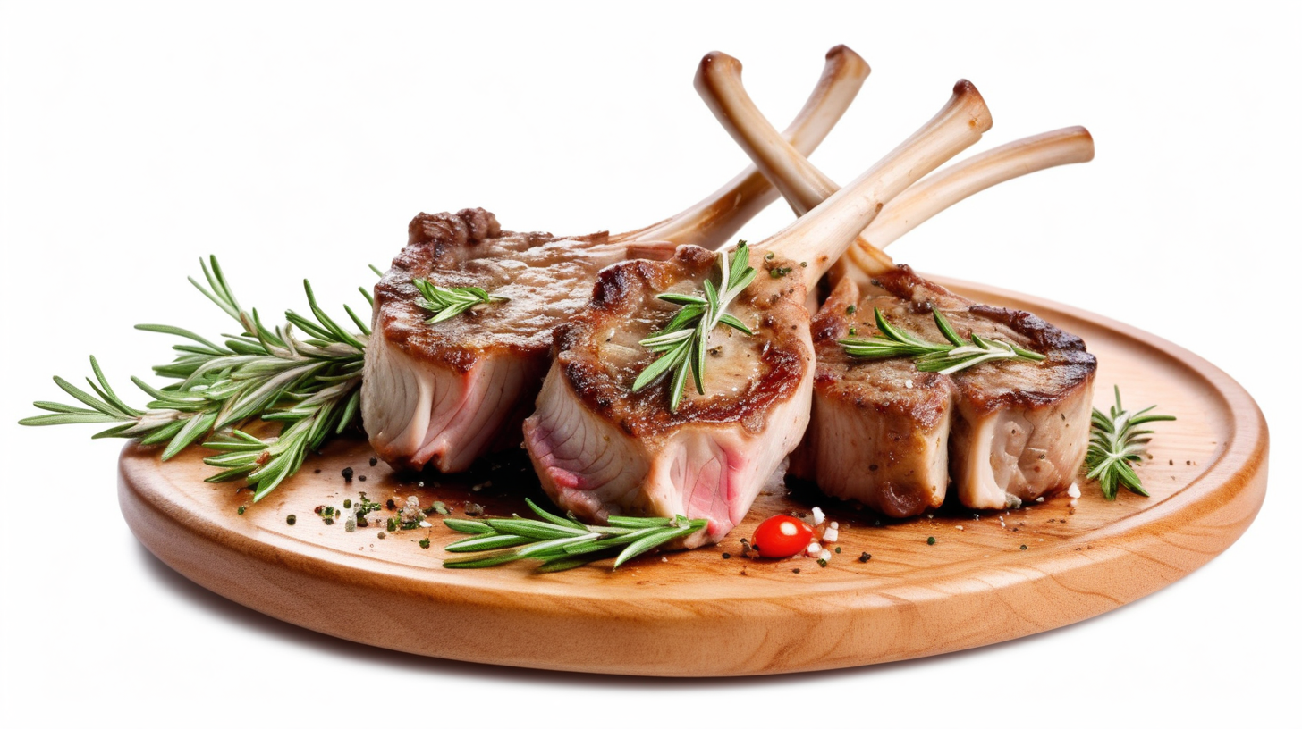 lamb chop with rosemary on wooden plate, isolated on white background