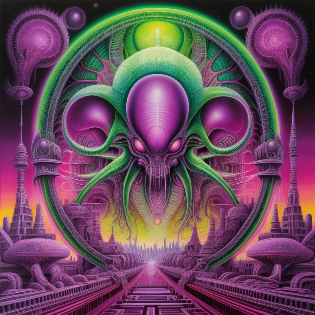 neon green, red, magenta  and yellow colors, clear lines, detailed, symmetrical mandala, alien city in style of H.R Giger