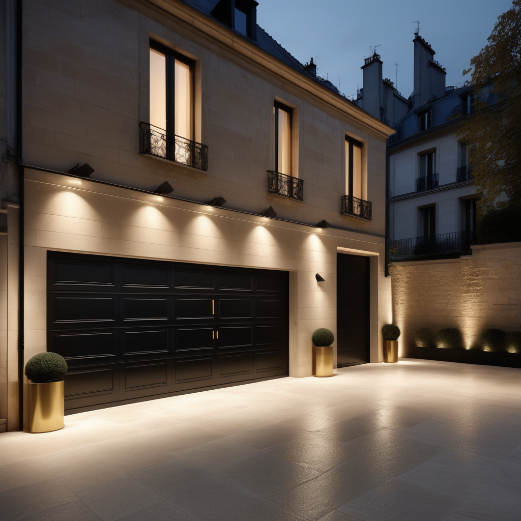 hyperrealistic modern Parisian garage at night mood lighting