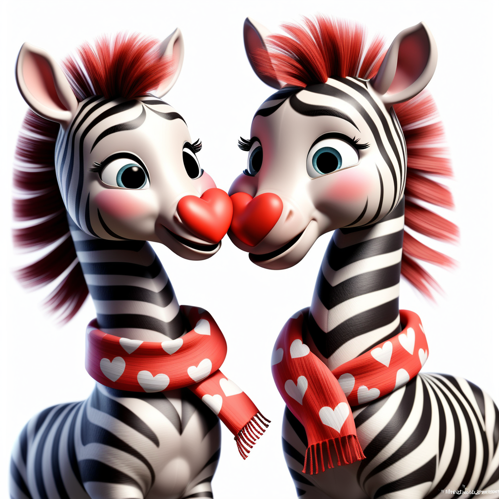 /envision prompt: "Cheerful Pixar 3D Zebra Foals in Love" clipart showcasing zebra foals wearing heart-patterned scarves, nuzzling affectionately against a clean white background. The Pixar 3D style accentuates the charm of the Valentine's theme. --v 5 --stylize 1000