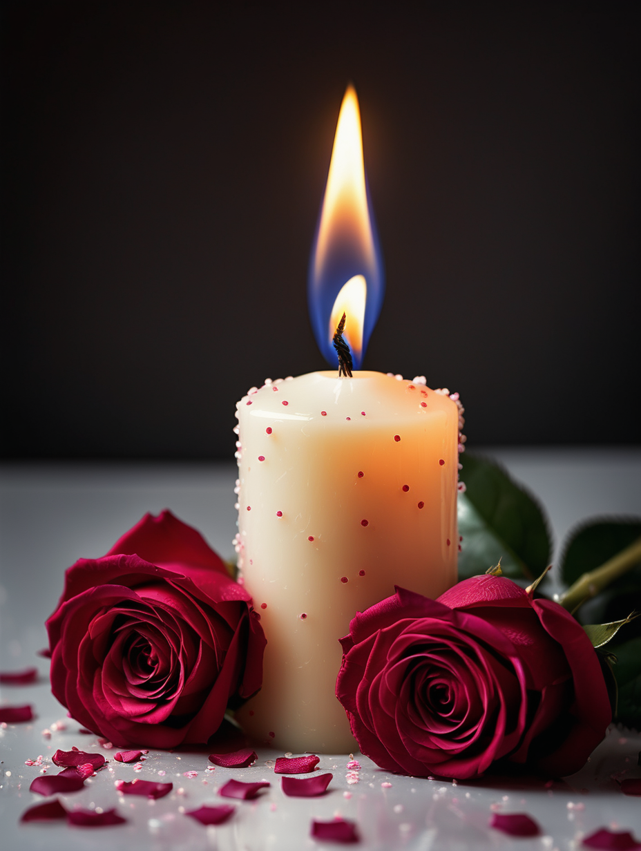 A lonley burning candle with roses sprinkled in front of it