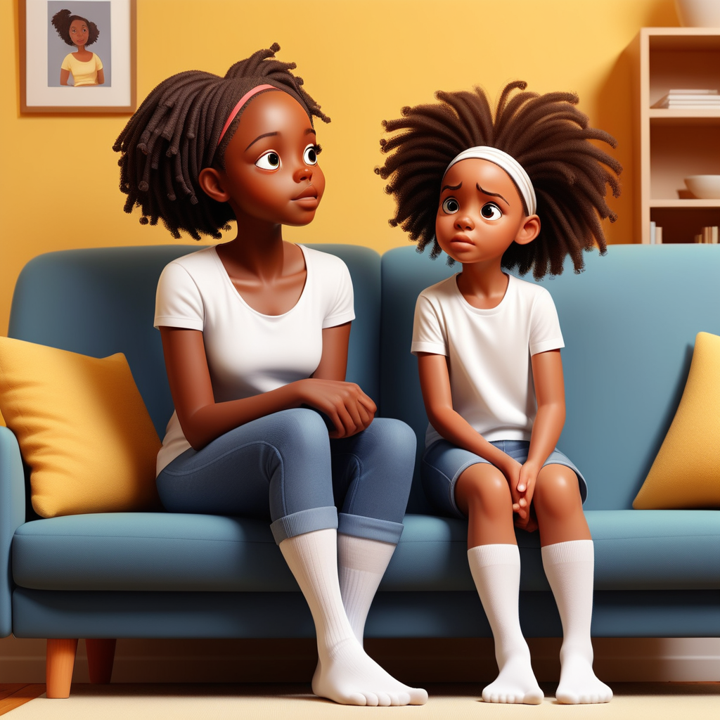 children's-book illustration: 
5-year-old, african-american girl, Mahkai, and her mom.

Mahkai is standing, facing her mom. her mom is sitting on the sofa, looking up at mahkai.

no-deformities; no-double-headed-characters.

yellow-background and yellow-sofa. make their bodies proportionate.

two-legs-per-character-only.


 beautiful-hands, detailed-fingers. looking at each other. 

same clothing in each image. They are both wearing blue-jeans and plain white t-shirts: 
vector art. 3d. natural, realistic looking. 

two-characters-only, mahkai and her mom only.

all whole-total-body-photos, from top-of-head-to-white-socks.

full-length portrait photo: showing white socks on both characters feet.

full body shot photo. show white socks on feet in each image.