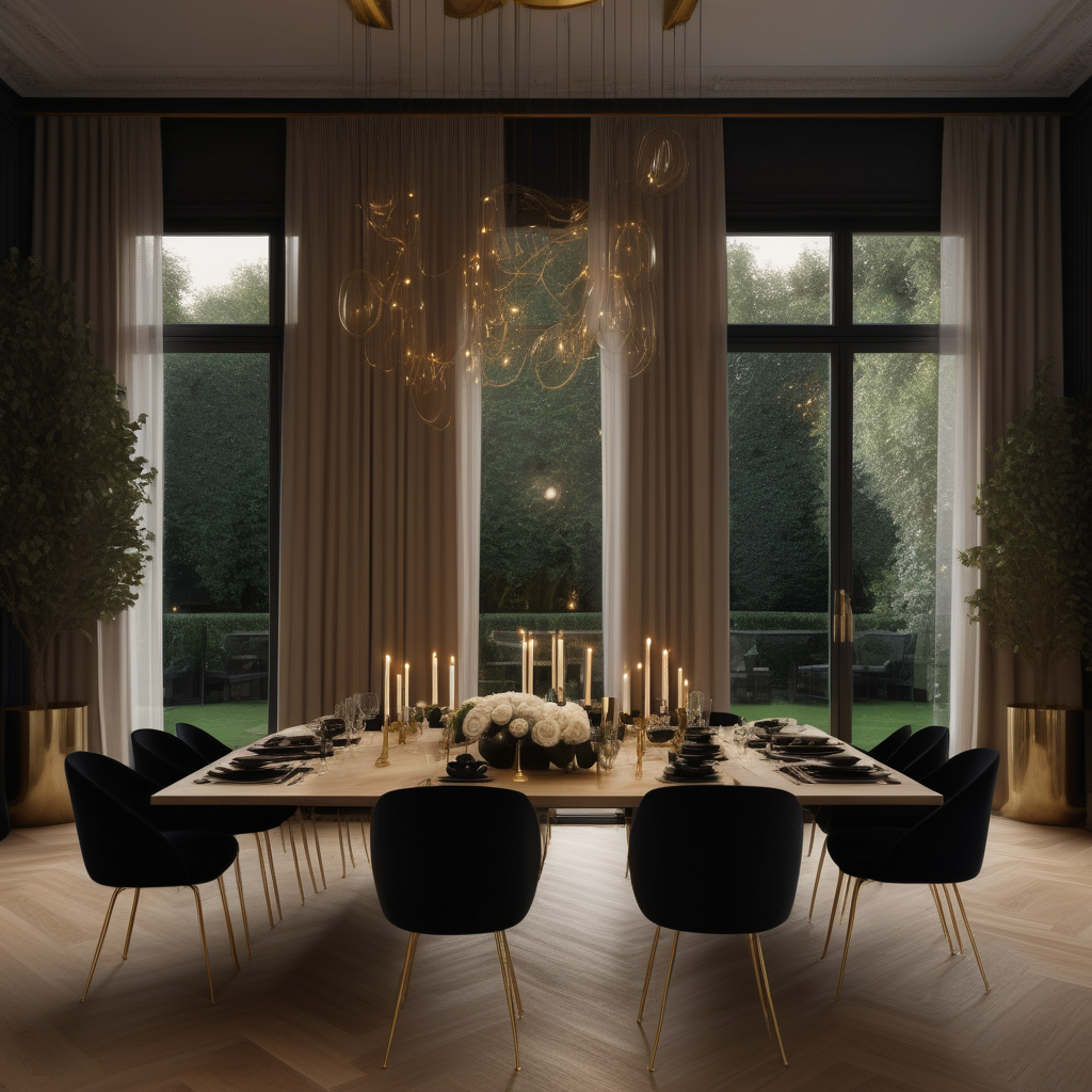 hyperrealistic of an elegant modern Parisian dining room at night at night with table set for 12 people; candles; oak flooring; floor to ceiling windows with a view of the sprawling lush gardens; curtains; mood lighting; beige, oak, brass and accents of black colour palette; modern brass pendant light 
