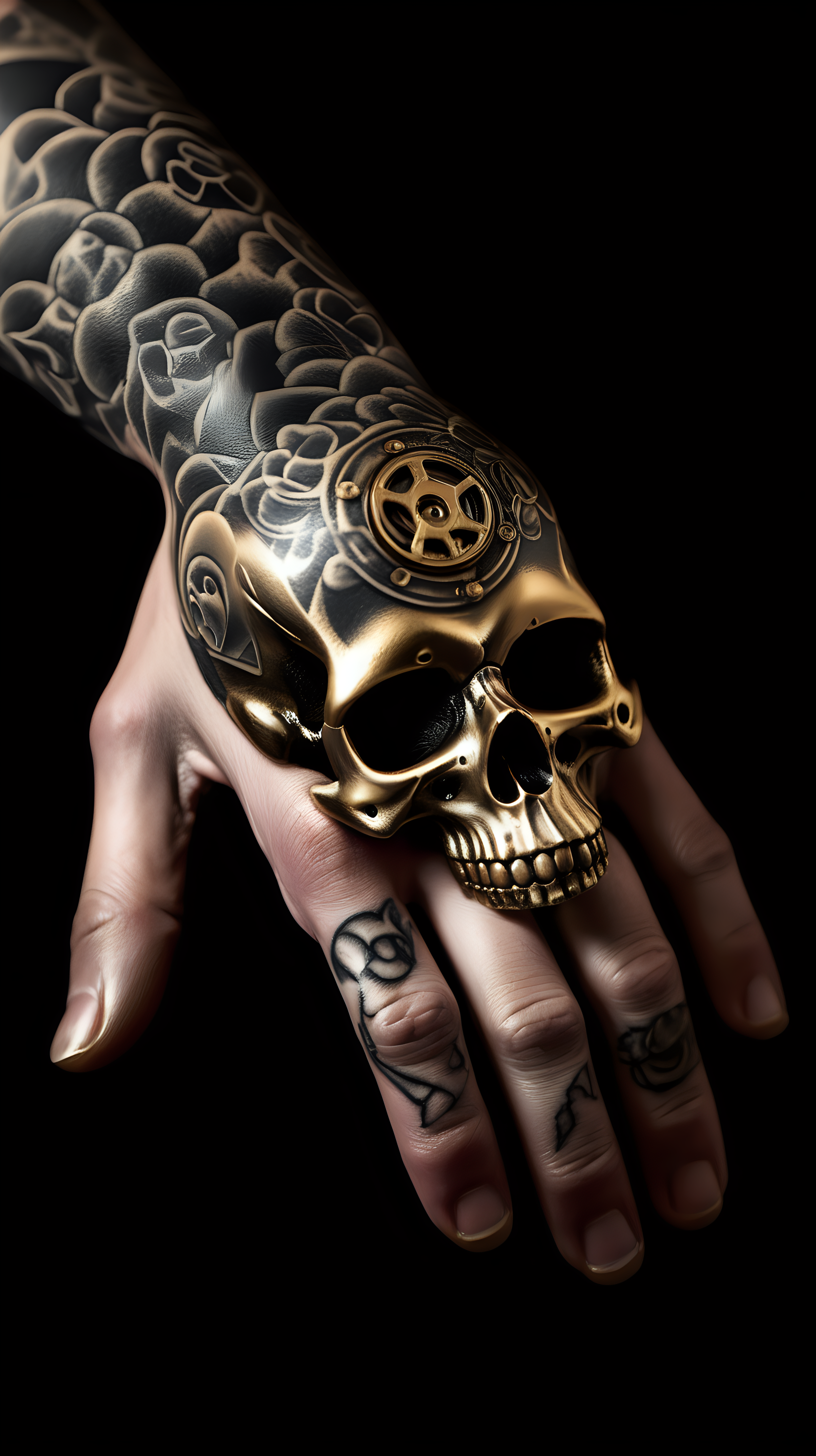 /imagine prompt : An ultra-realistic photograph captured with a canon 5d mark III camera, equipped with an macro lens at F 5.8 aperture setting, capturing a vintage classic tattoo machine ,a pattern of the skull is engraved on it's golden grip , grabbed by a hand wearing black nitrile gloves.
the hand is blurred and the focus sets on tattoogun's grip.
Soft spot light gracefully illuminates the subject and golden grip is shining. The background is absolutely black , highlighting the subject.
The image, shot in high resolution and a 16:9 aspect ratio, captures the subject’s  with stunning realism –ar 9:16 –v 5.2 –style raw
