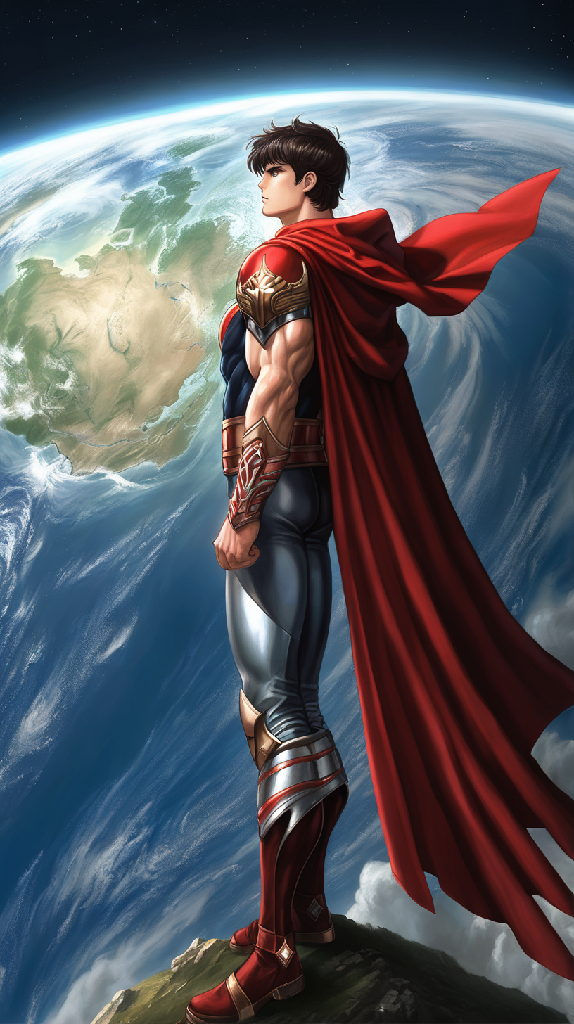 A young god with muscles looking over the earth with short dark hair and a red cape