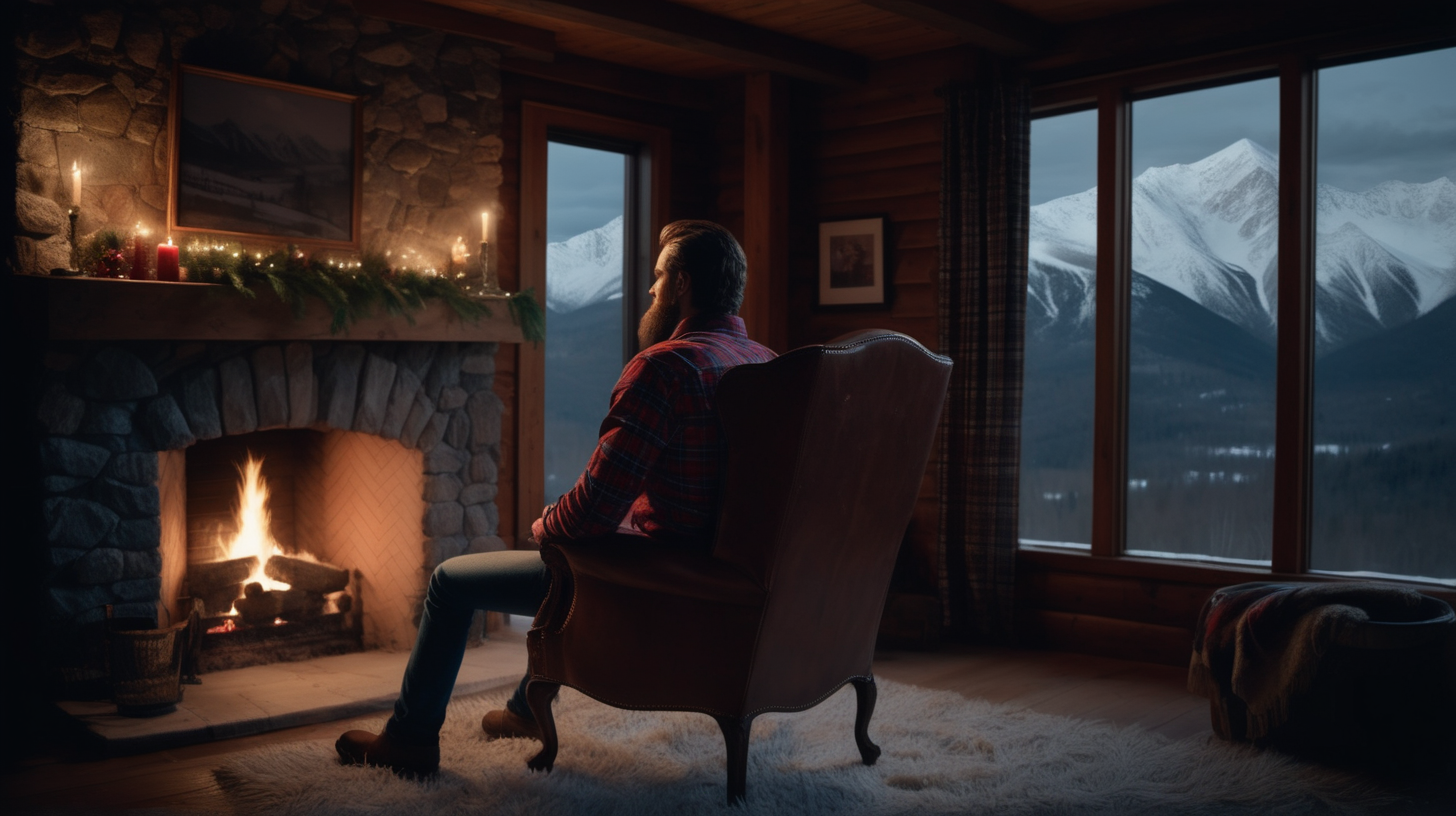 The photo is taken in a mountain house. a handsome man is sit on a wing chair near a fireplace by the window (we can see the snow mountains at a distance), he's got his back to the camera. he is wearing a red plaid shirt and jeans. he has long brown hair and a beard. he is looking back at the viewer with a sugestive look (almost inviting us to be there). outside it is night and snowy. The lighting in the portrait should be dramatic. Sharp focus. A perfect example of cinematic shot. Use muted colors to add to the scene. 