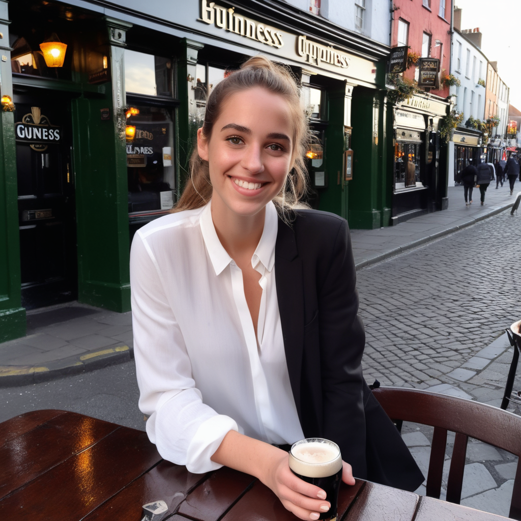A smiling Emily Feld dressed in a long, white blouse and jeans, with a black jacket sitting at a table outside a pub in Templebar, Dublin drinking a pint of guiness