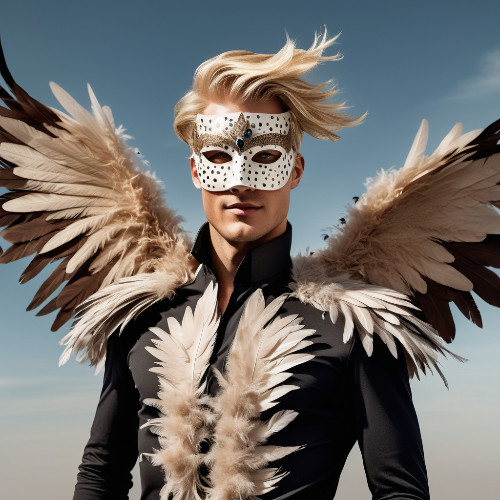 handsome blond man, covered in bird feathers, light brown dark brown gray white black, wing sleeves, domino mask with bird beak, flying in the sky