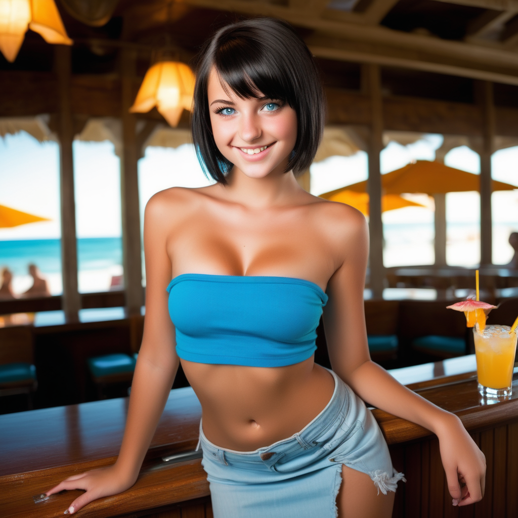 A beautiful, petite, slender, seductive sultry 14 year old girl, 32DDD breasts, short black hair, tanned, tube top, cleavage, short skirt, smile, sunny, breezy, blue eyes, bar, holding cocktail