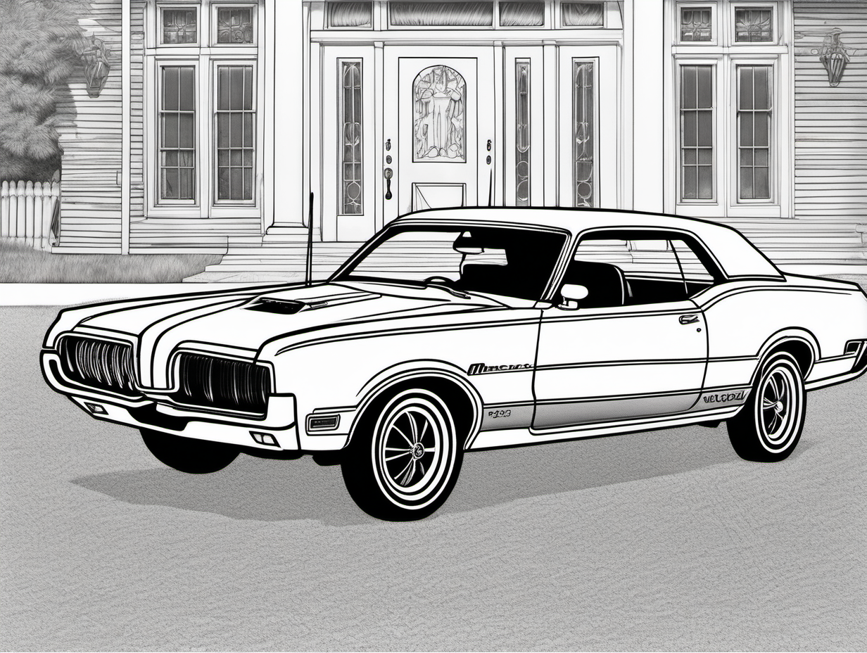 coloring page for adults, classic American automobile, 1970 Mercury Cougar Eliminator, clean line art, high detail, no shade