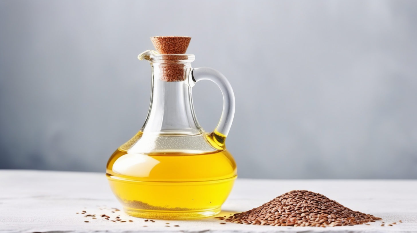 Flax seed oil in a glass jug on a table, copy space