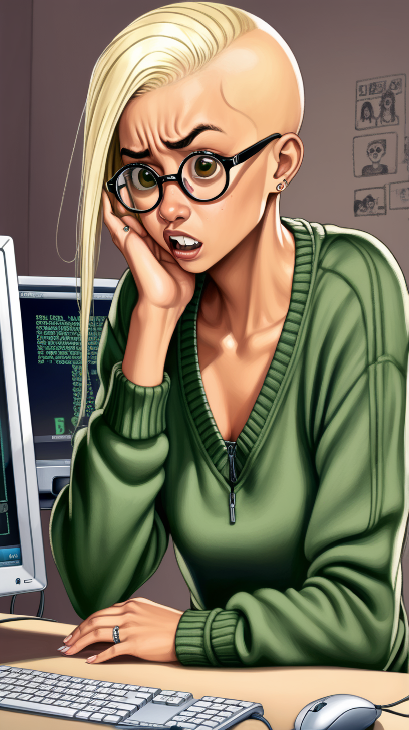 mixed-race girl (bleach blond shaved head, 26 year old, big circle rimmed glasses) sitting in front of a computer comically terrified to press a key. She's pulling out her hair as she stares at the computer screen in horror. she's wearing a green cable knit sweater.