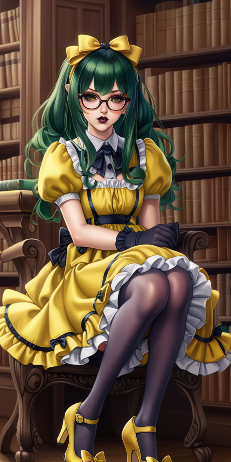 Anime woman with dark green hair and large lips with dark lipstick and heavy makeup wearing a frilly yellow dress, stockings, heeled mary jane shoes, lots of bows and ribbons, wearing glasses.  sitting in a library. Vacant expression. 