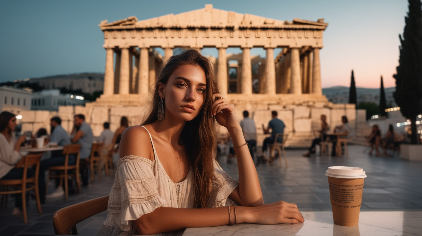 post classic, portrait photography, boho outfit, super realistic woman, sitting in a street coffee shop in modern Athens, dusk blurred Parthenon in the background. Perfect and simetric body and hands. The lighting in the portrait should be dramatic. Sharp focus. A ultrarealistic perfect example of cinematic shot. Use muted colors to add to the scene.