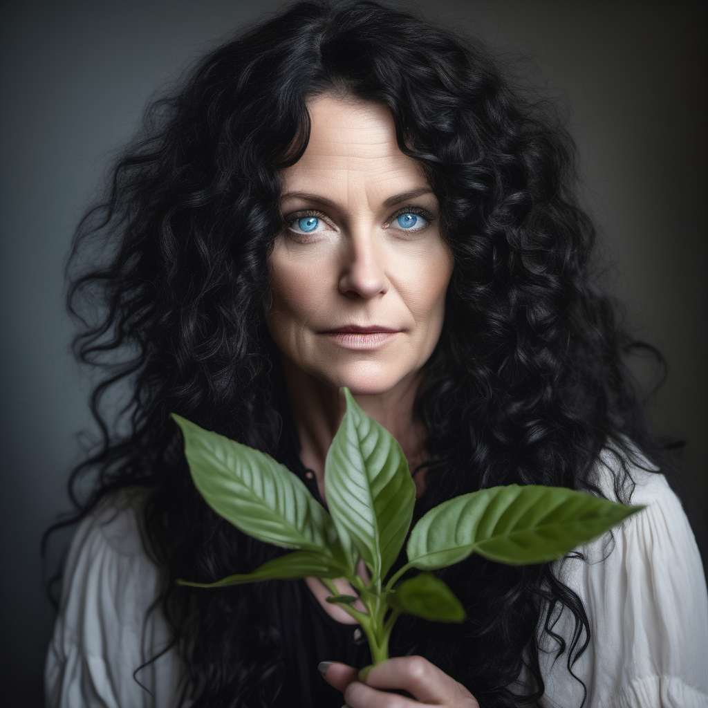 white female, 45 years old, black wavy hair, some curls, long hair, intense blue eyes, slightly witchy, holding a plant